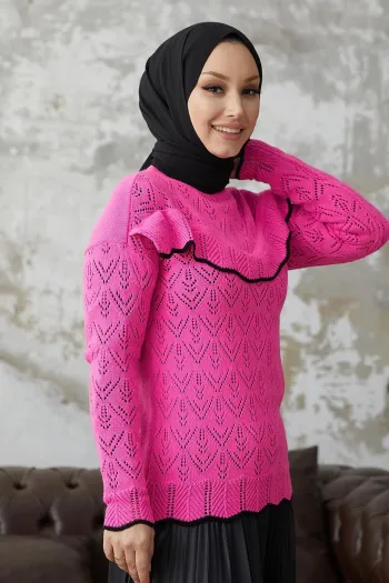 Alvi Striped Detail Fuzzy Knit Sweater - Fuchsia