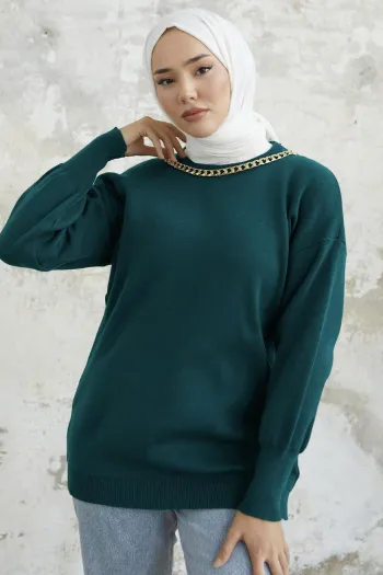 Emerald Green Knit Sweater with Chain Details