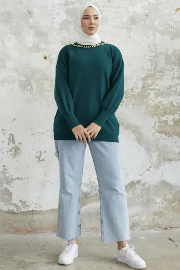 Emerald Green Knit Sweater with Chain Details