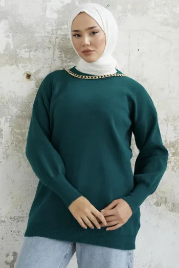 Emerald Green Knit Sweater with Chain Details