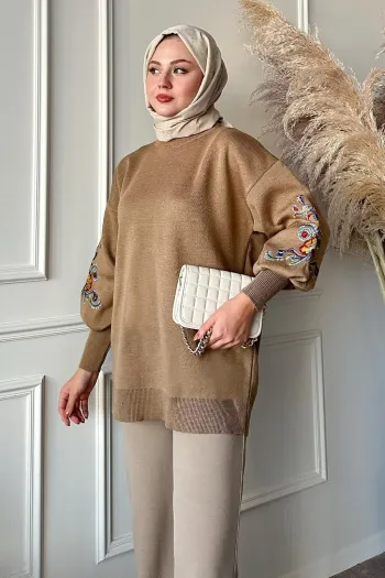 Embroidered Sleeve Camel Knit Sweater