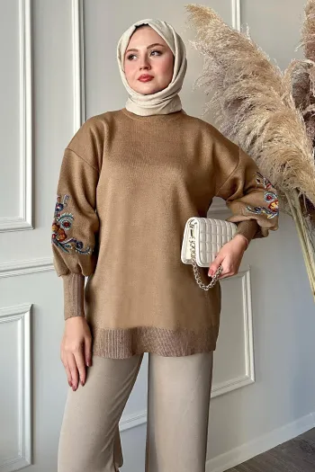 Embroidered Sleeve Camel Knit Sweater