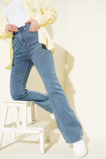 Stitched Flared Denim Jeans - Medium Blue