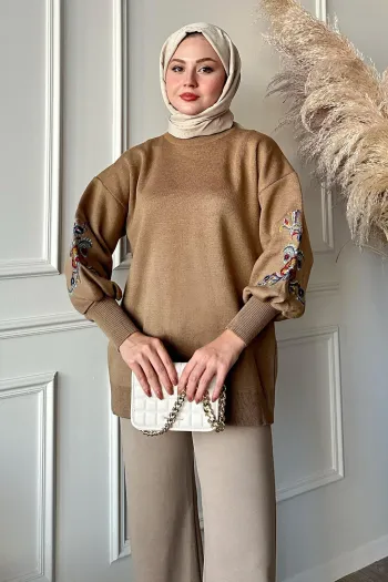 Embroidered Sleeve Camel Knit Sweater