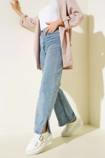 Stone-Embellished Side Pocket Denim Pants in Ice Blue