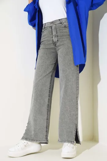 Stone-Embellished Side Panel Denim Pants - Gray