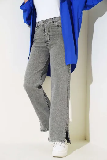 Stone-Embellished Side Panel Denim Pants - Gray