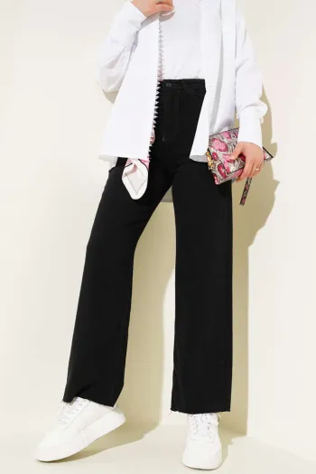 Black Loose-Fit Ripped Hem Denim Pants