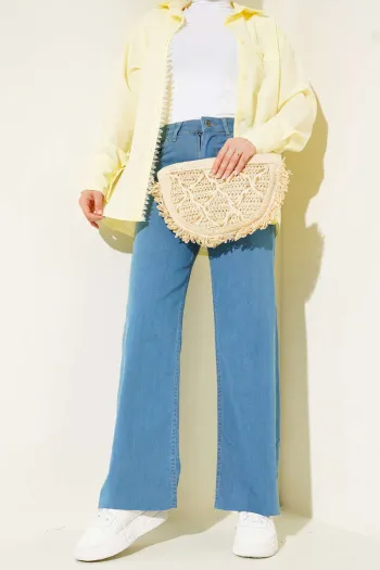 Loose Fit Ripped Hem Jeans Light Blue