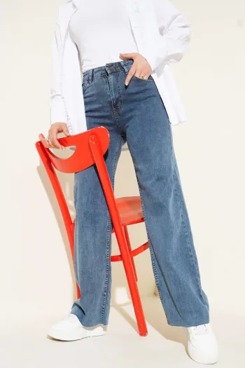 Loose Fit Distressed Hem Pants - Medium Blue