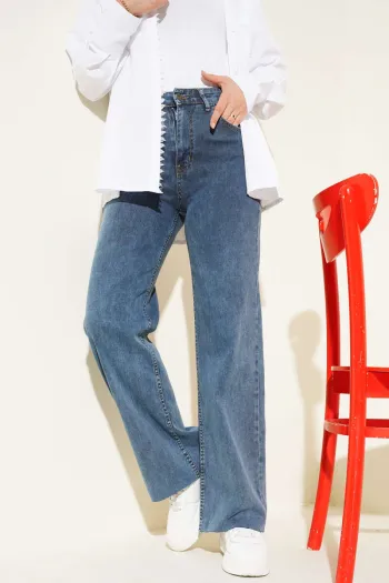 Loose Fit Distressed Hem Pants - Medium Blue