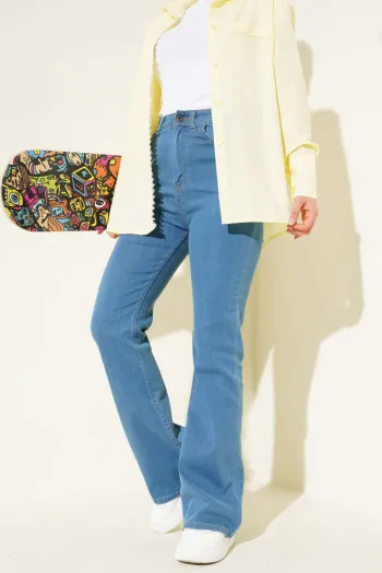 Stitched Flared Denim Trousers in Light Blue