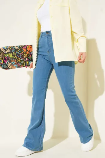 Stitched Flared Denim Trousers in Light Blue