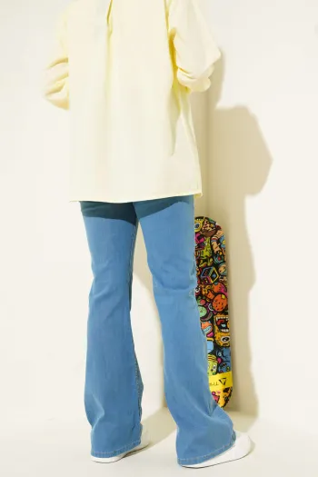 Stitched Flared Denim Trousers in Light Blue