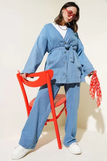 Light Blue Denim Two-Piece Set with Metal Buttons and Belt