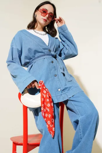 Light Blue Denim Two-Piece Set with Metal Buttons and Belt