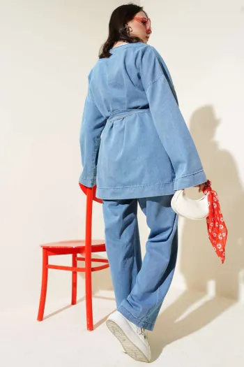 Light Blue Denim Two-Piece Set with Metal Buttons and Belt