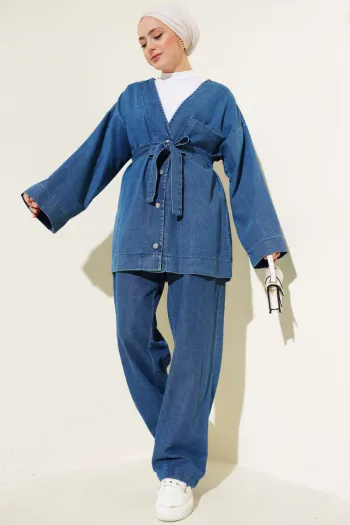 Metal Buttoned Belted Denim Two-Piece Set in Denim Blue