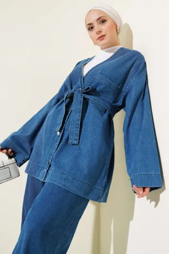 Metal Buttoned Belted Denim Two-Piece Set in Denim Blue