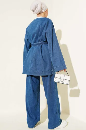 Metal Buttoned Belted Denim Two-Piece Set in Denim Blue