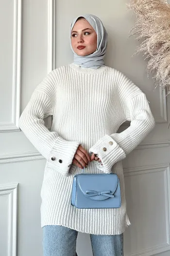 White Knit Sweater with Button Detail and Layered Sleeves