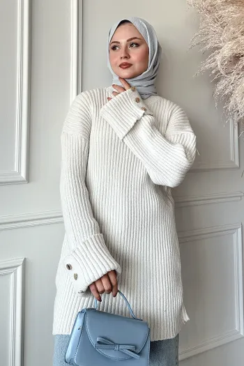 White Knit Sweater with Button Detail and Layered Sleeves