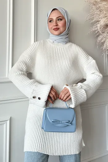 White Knit Sweater with Button Detail and Layered Sleeves