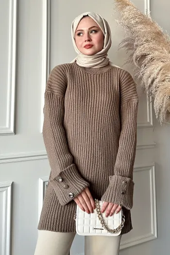 Brown Knit Sweater with Layered Sleeve and Button Detail