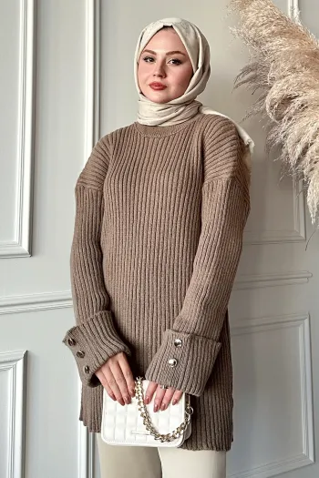 Brown Knit Sweater with Layered Sleeve and Button Detail