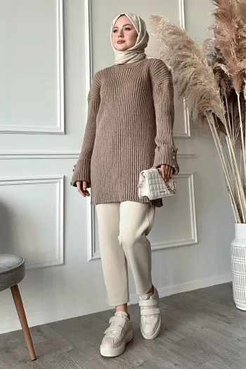 Brown Knit Sweater with Layered Sleeve and Button Detail