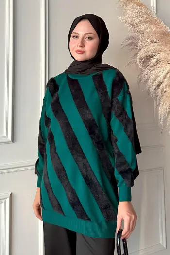 Soft Emerald Knit Sweater with Double Stripes
