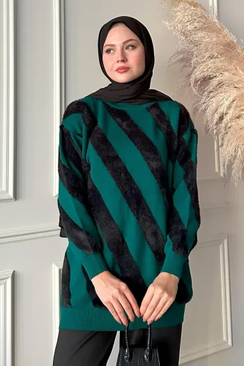Soft Emerald Knit Sweater with Double Stripes