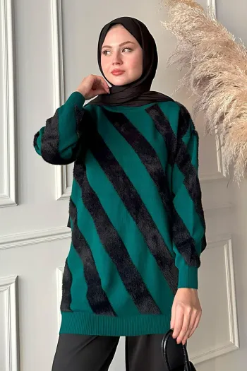 Soft Emerald Knit Sweater with Double Stripes