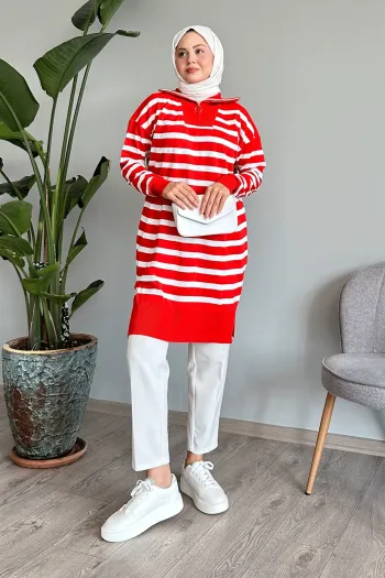 Red Striped Knit Tunic with High Neck