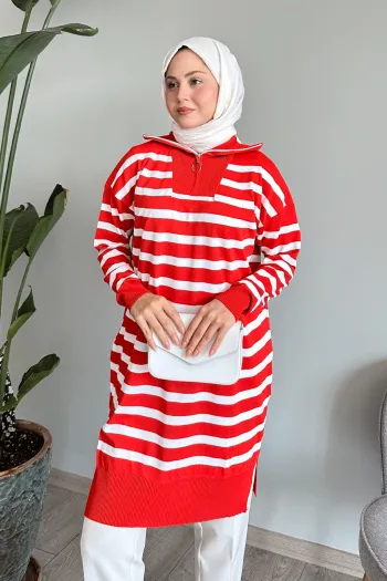 Red Striped Knit Tunic with High Neck