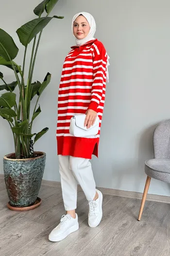Red Striped Knit Tunic with High Neck