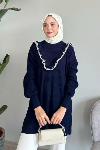 Ruffled Stitch Detail Navy Knitted Sweater