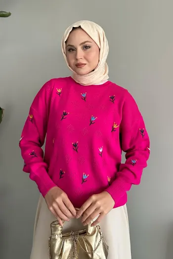 Rose Pattern Openwork Fuchsia Knit Sweater