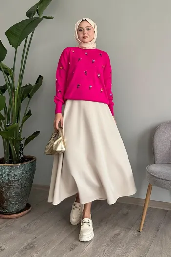 Rose Pattern Openwork Fuchsia Knit Sweater