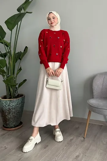 Red Knit Sweater with Floral Pattern
