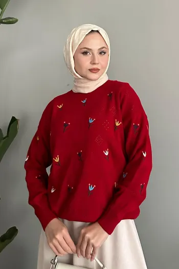 Red Knit Sweater with Floral Pattern