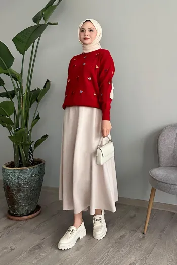 Red Knit Sweater with Floral Pattern