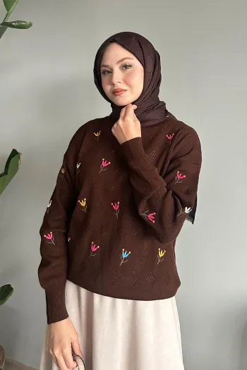 Rose Pattern Openwork Dark Brown Knitted Sweater