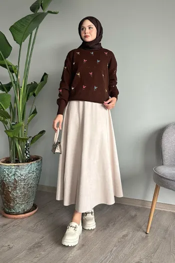 Rose Pattern Openwork Dark Brown Knitted Sweater