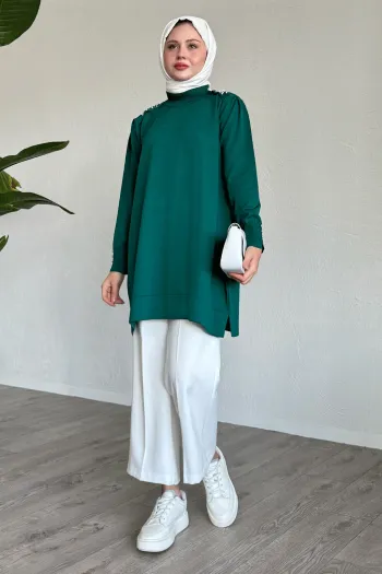 Emerald Green Knit Sweater with Pearl Details