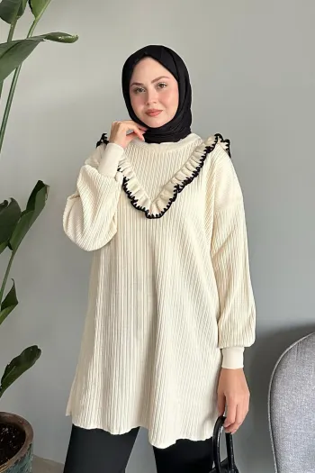 Elegant Ruffle Stitch Design Ecru Knit Sweater for Cozy Style