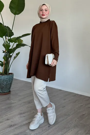 Brown Knitted Sweater with Pearl Detail