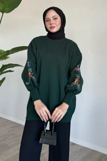 Embroidered Sleeves Emerald Green Knit Sweater