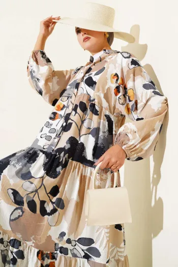 Half Button Colorful Leaf Pattern Dress in Charcoal