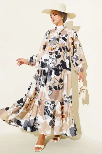 Half Button Colorful Leaf Pattern Dress in Charcoal